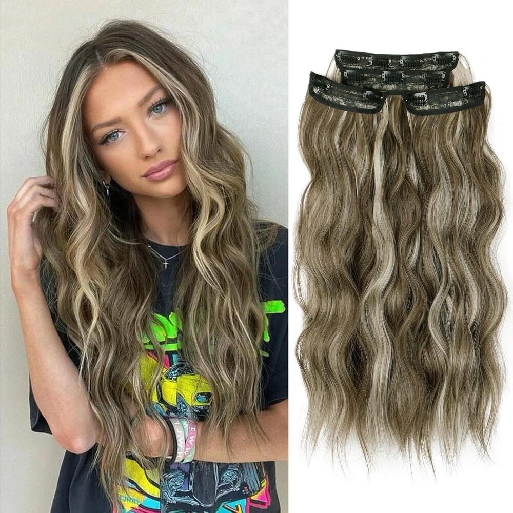 Clip in Hair Extensions Synthetic Wavy 20 Inch Long Voluminous Fit